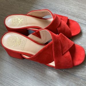 Red Suede Block Heel Mules